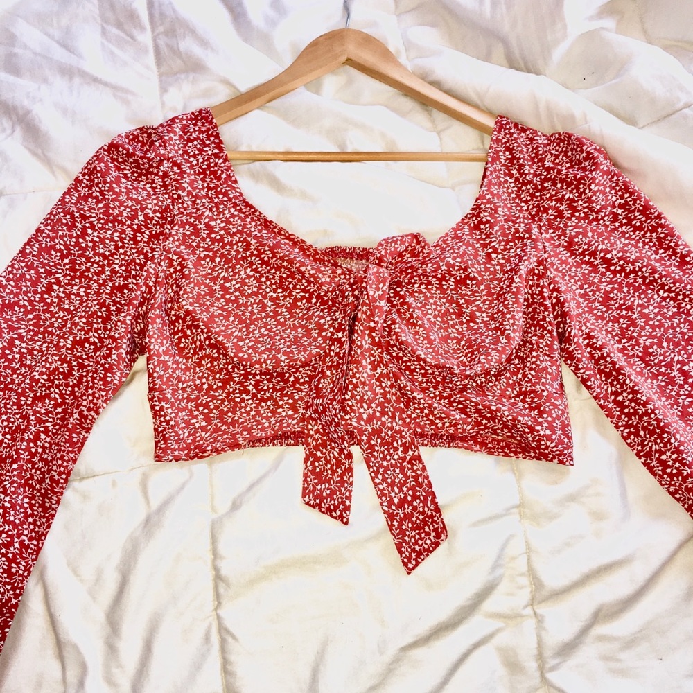 Red Long Sleeve Crop Top With White Designs